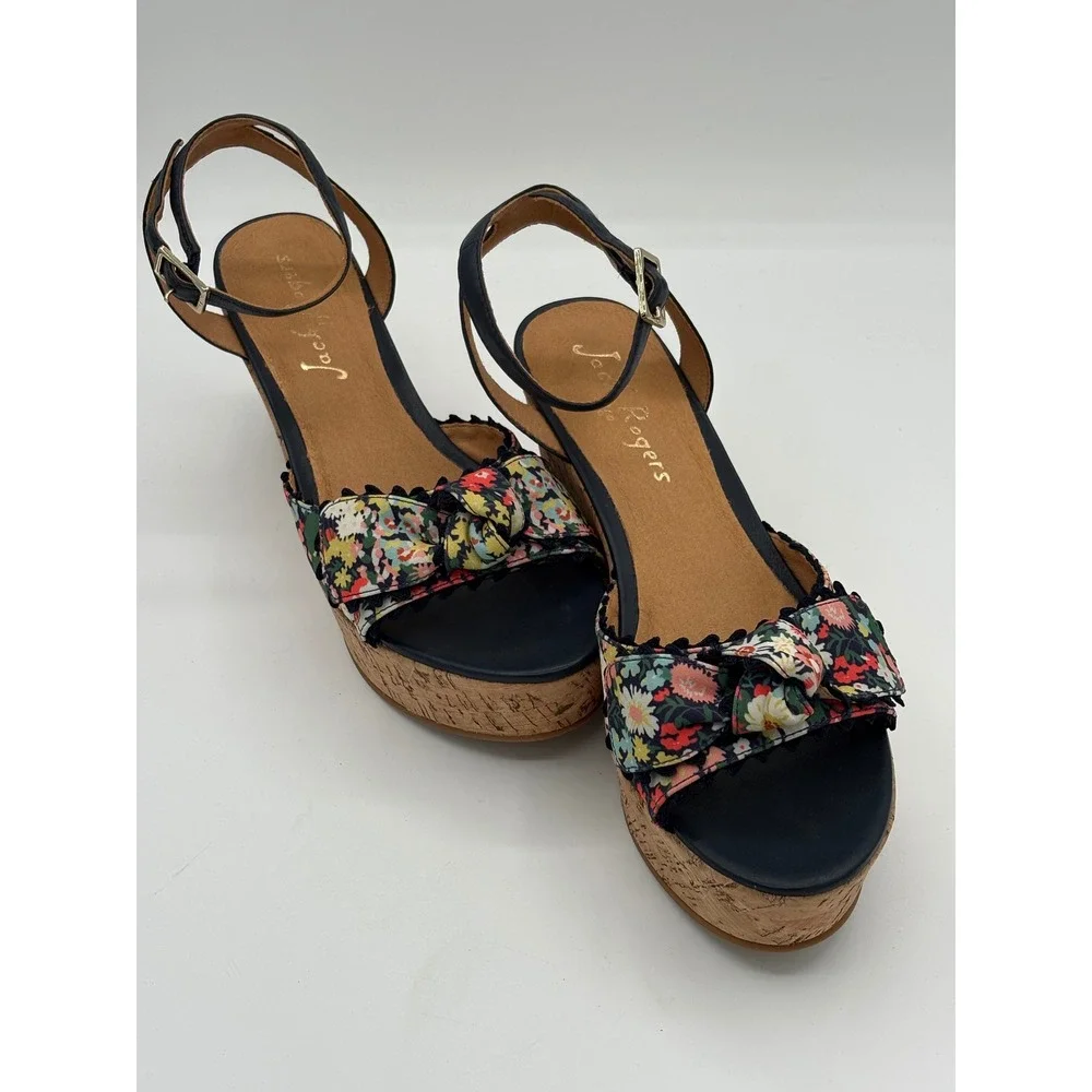 Jack Rogers Floral‎ Cork Wedge Sandals Navy Blue Leather Ankle Strap Platform 10